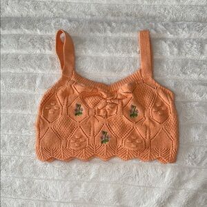 Orange Knit Crop Top with Floral Embroidery
